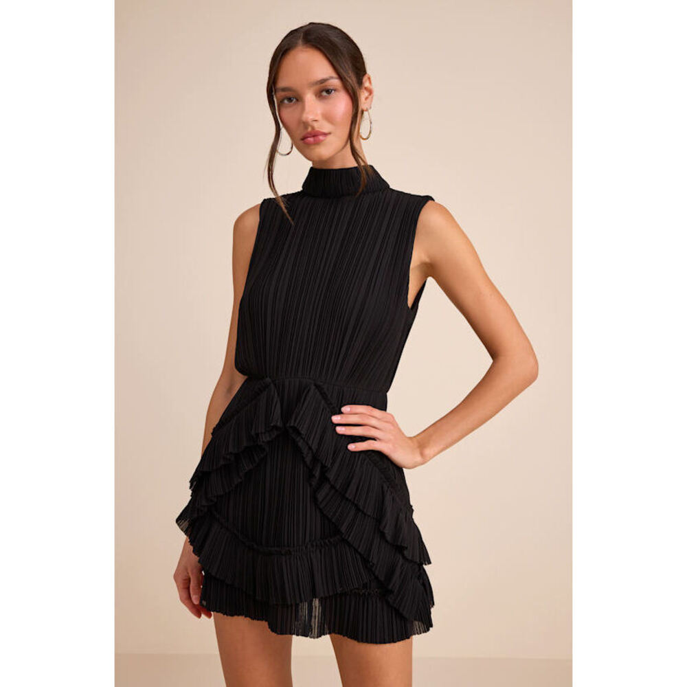 Lulus Alvana Black Plisse Mock Neck Ruffled Mini Dress - Size L